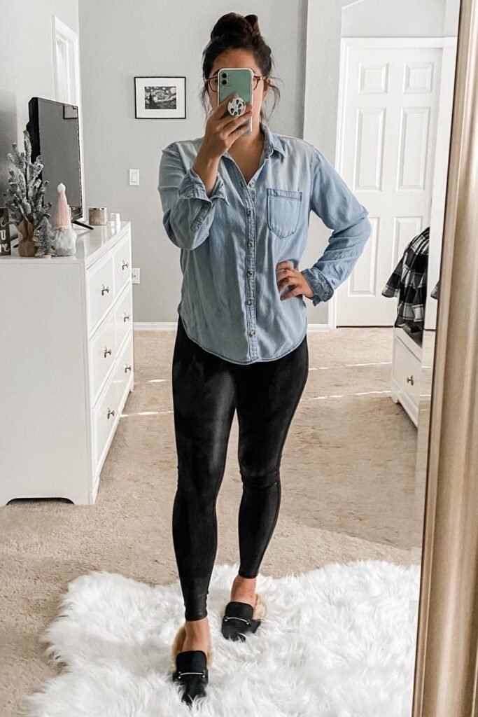Light Wash Denim Shirt + Black Faux-Leather Leggings + Black Fur-Lined Mules