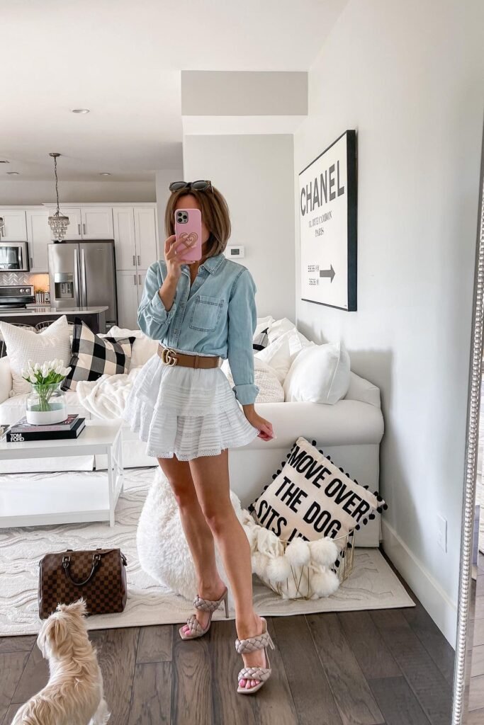 Light Wash Denim Shirt + White Ruffled Mini Skirt + Nude Braided Heels