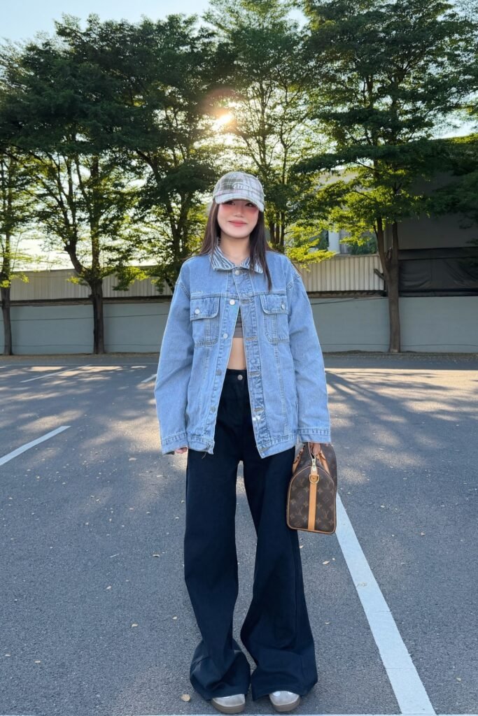 Light Wash Oversized Denim Jacket + Wide Leg Black Trousers + Grey Sneakers