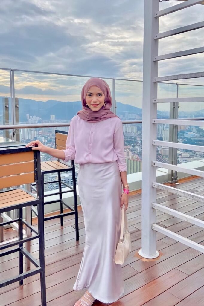 Lilac Button-Down Shirt + Pale Pink Satin Maxi Skirt + Pink Strappy Sandals