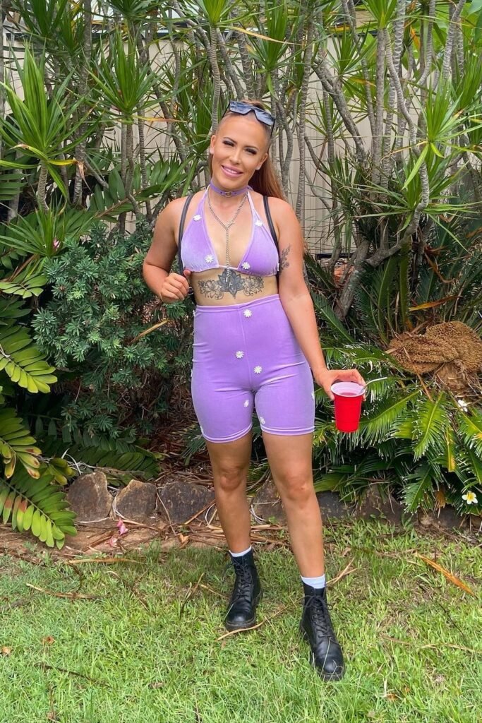 Lilac Daisy Print Triangle Bikini Top + Matching Lilac Daisy Biker Shorts + Black Combat Boots