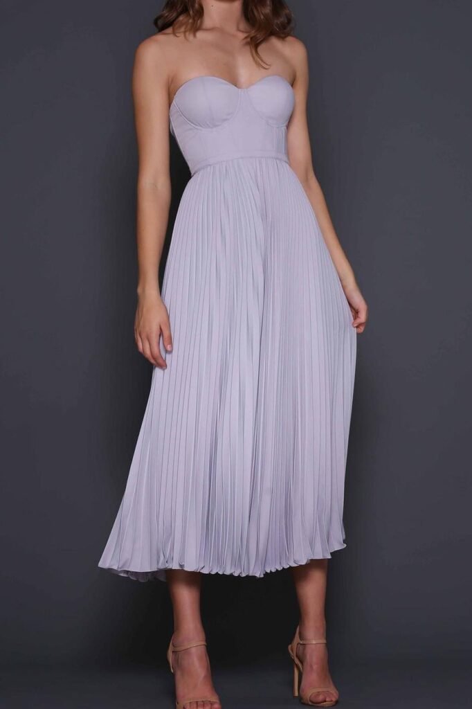 Lilac Strapless Bustier Dress + Pleated Midi Skirt + Nude Heeled Sandals