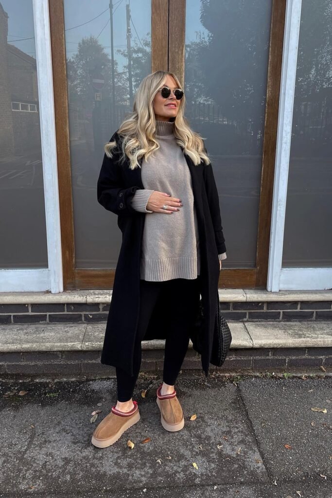 Long Black Overcoat + Taupe Turtleneck Sweater + Black Leggings + Platform Embroidered Mules