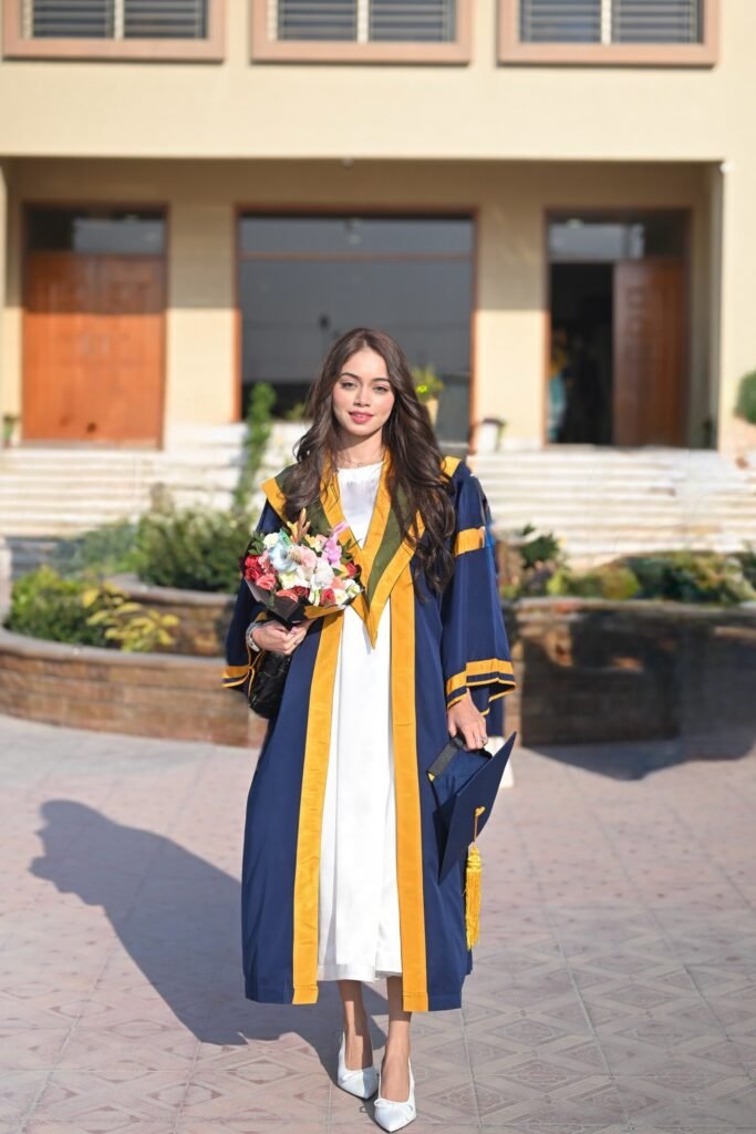 Long White Gown + Blue and Gold Academic Robe + White Pointed-Toe Heels