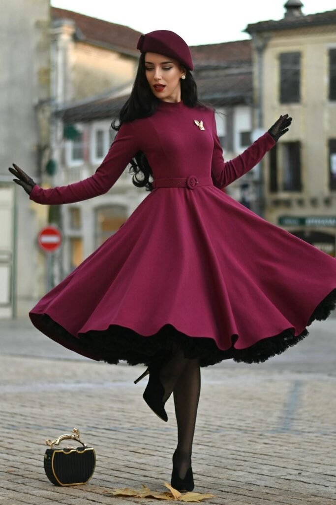 Magenta Fit-and-Flare Dress + Matching Beret + Black Tights + Black Stiletto Pumps