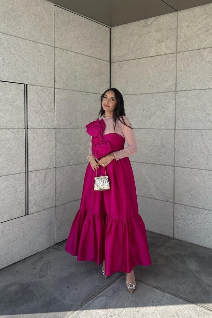 Magenta Strapless Tiered Gown with Oversized Bow + Light Pink Mesh Long Sleeve Top + Sparkly Pointed-Toe Pumps