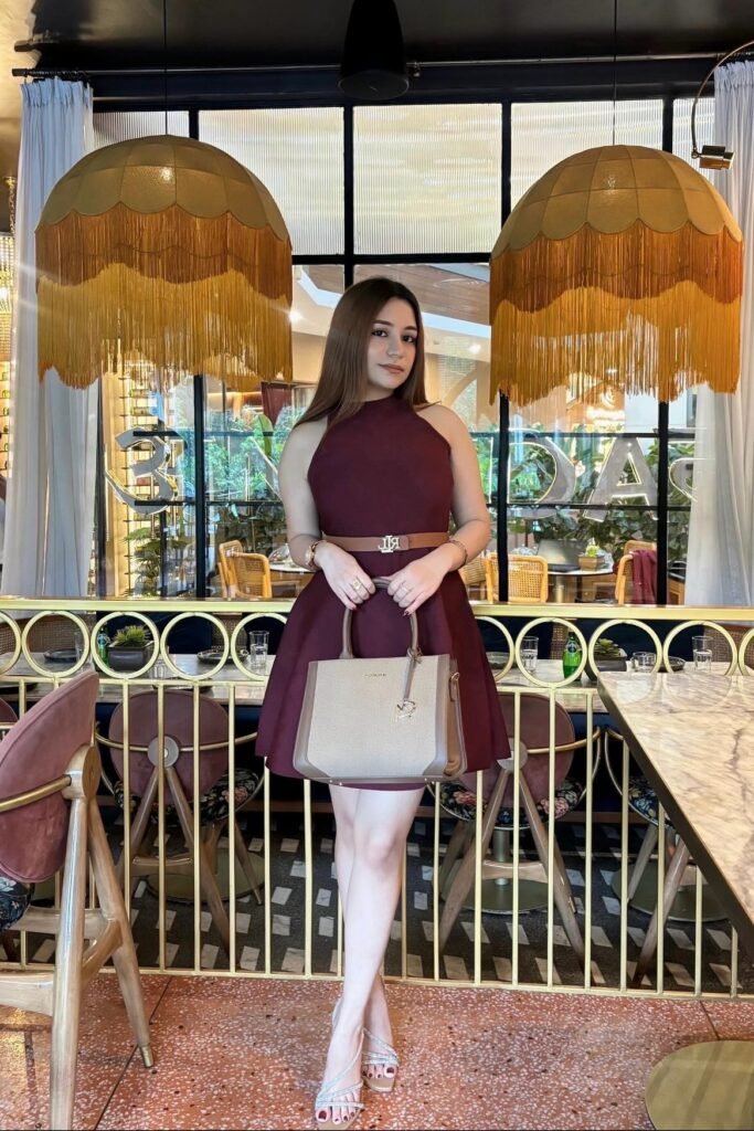 Maroon High-Neck Fit and Flare Dress + Tan Logo Belt + Two-Tone Handbag