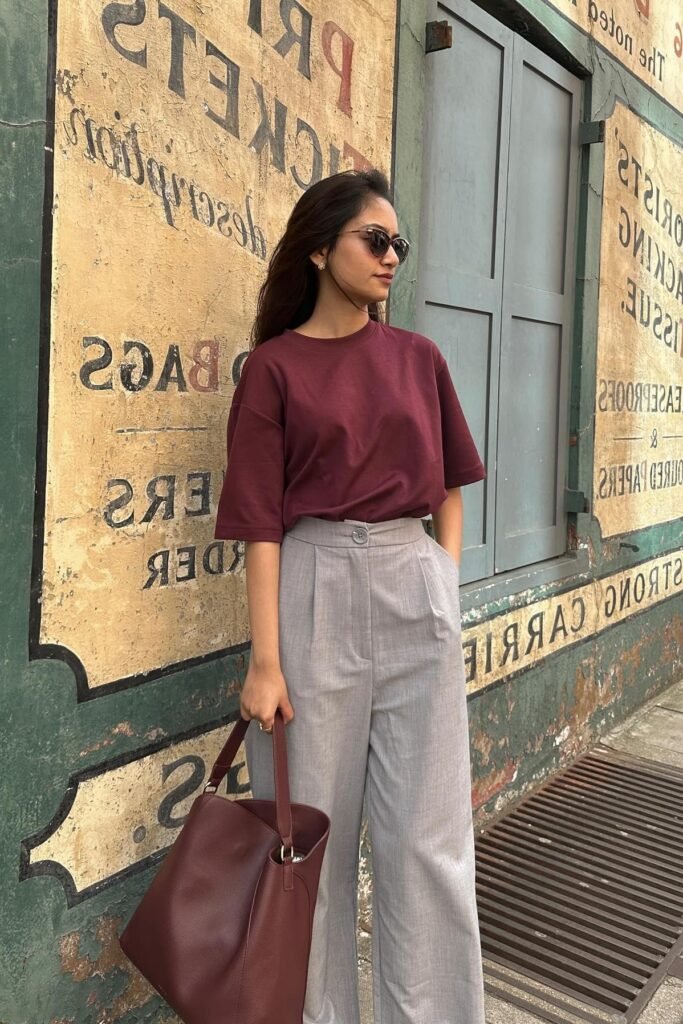 Maroon Oversized T-shirt + Grey Wide-Leg Trousers + Maroon Tote Bag