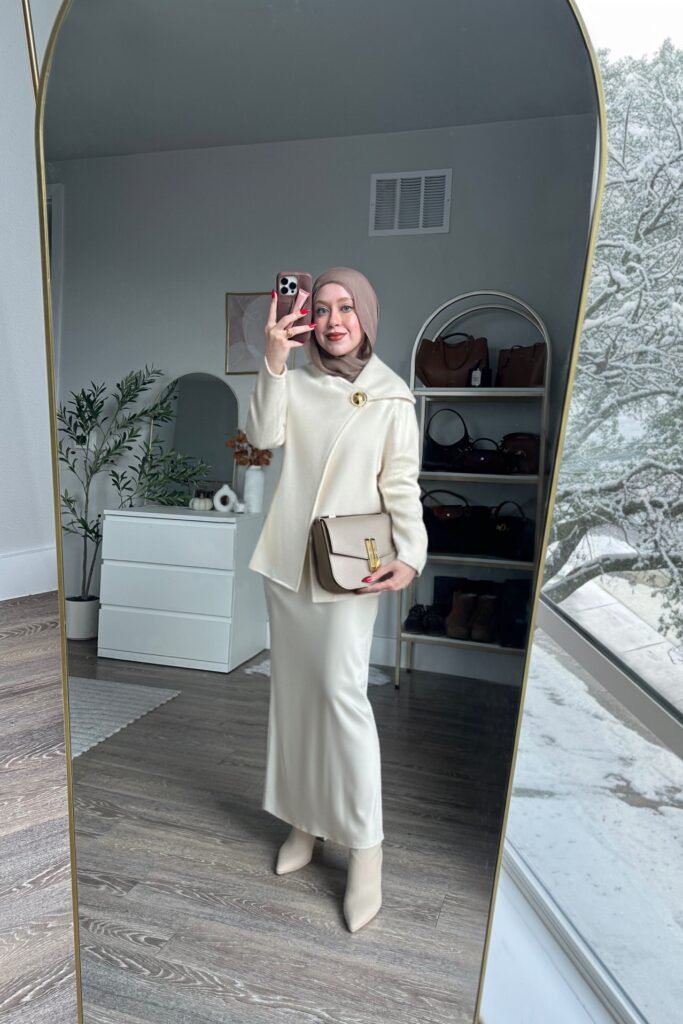 Mauve Hijab + Cream Asymmetrical Buttoned Jacket + Cream Maxi Skirt + Cream Pointed Ankle Boots