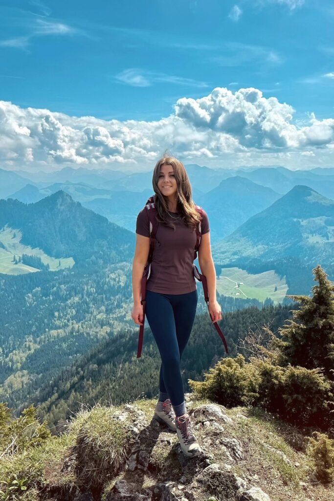 Mauve Moisture-Wicking Tee + Dark Navy Leggings + Grey & Pink Hiking Boots