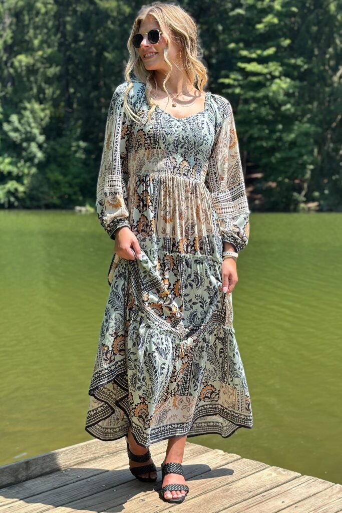 Mint Green Floral Patchwork Maxi Dress + Black Woven Heeled Sandals + Gold Chain Necklace