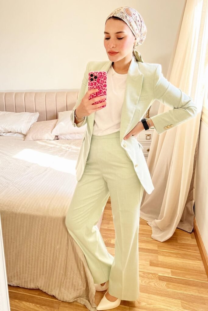 Mint Green Structured Blazer + Matching Mint Green Wide-Leg Trousers + White Pointed Heels