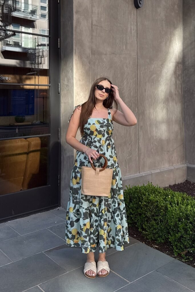 Mint Lemon-Print Midi Dress + Cream Textured Slides + Round-Handle Straw Bag