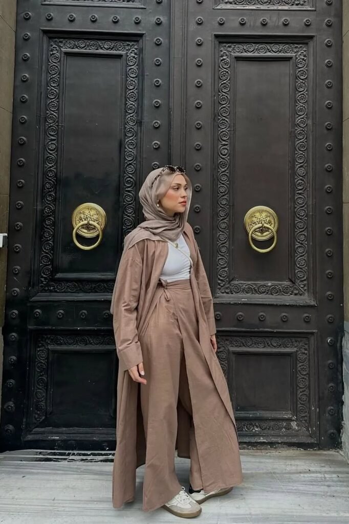 Mocha Longline Cardigan + Matching Wide-leg Wrap Trousers + White Bodysuit + Neutral Sneakers