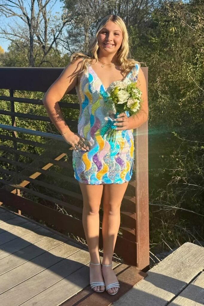 Multi-Color Sequin Wave Mini Dress + Silver Sparkly Strappy Sandals