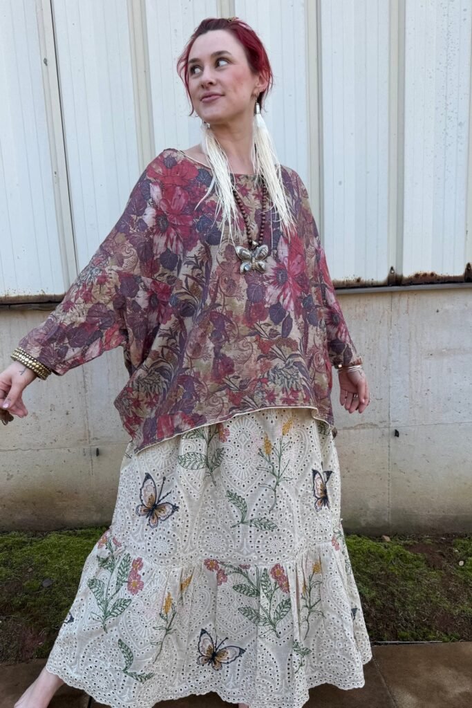 Multicolor Floral Oversized Tunic + Cream Embroidered Eyelet Maxi Skirt + White Tassel Earrings