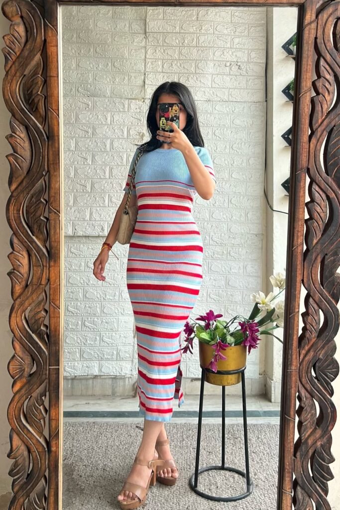 Multicolor Horizontal Striped Ribbed Midi Dress + Tan Platform Sandals + Beige Quilted Chain Bag