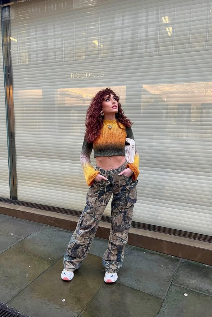 Multicolor Ombre Cropped Sweater + Camouflage Cargo Pants + White and Pink Sneakers