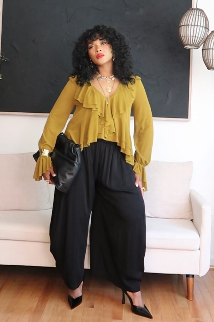 Mustard Ruffled Chiffon Blouse + Black Wide-Leg Trousers + Black Pointed Heels