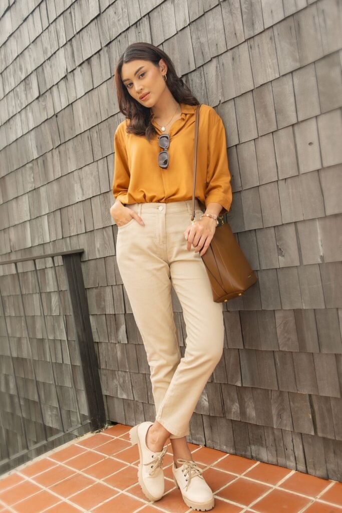 Mustard Yellow Blouse + Beige Trousers + Beige Platform Oxfords