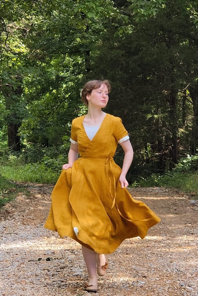 Mustard Yellow Linen Wrap Dress + White Undershirt + Tan Bow Flats