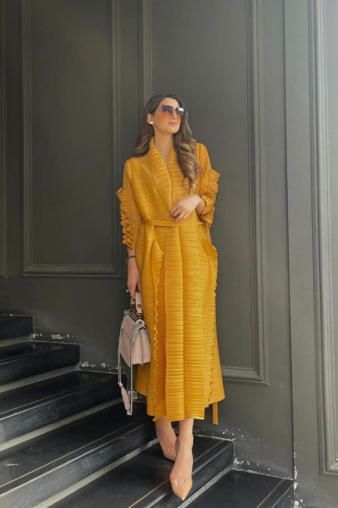 Mustard Yellow Pleated Robe Dress + Nude Chain Handbag + Nude Pointed Pumps