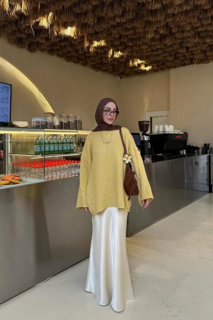 Muted Yellow Ribbed Oversized Sweater + White Satin Maxi Skirt + Brown Pointed-Toe Shoes