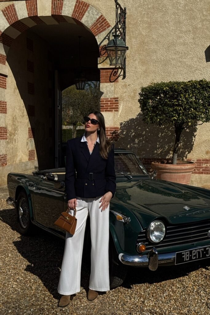 Navy Belted Blazer + White Button-Down Shirt + White Wide-Leg Trousers + Tan Suede Boots