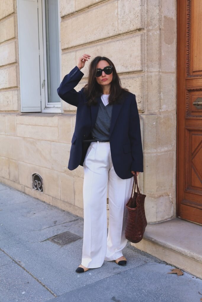 Navy Blazer + White Wide-Leg Trousers + Two-Tone Cap-Toe Flats
