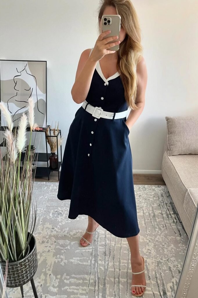 Navy Blue Button-Down Midi Dress with White Trim + White Statement Belt + Silver Strappy Sandals