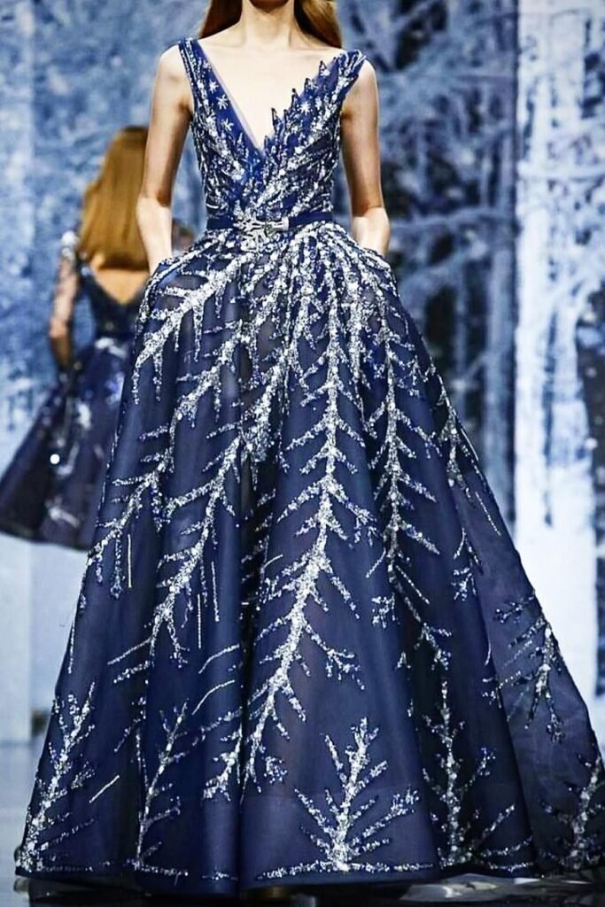 Navy Blue Midnight Gown + Silver Branch Sequins + Thin Belt Detail