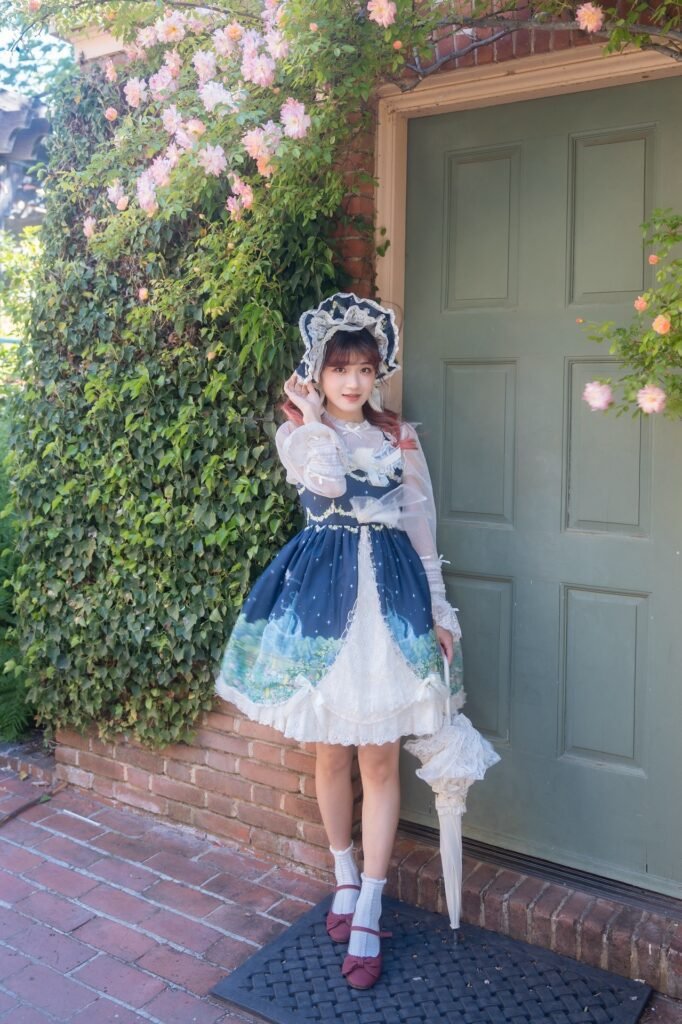 Navy Blue Star-Print Jumper Dress + White Sheer Blouse + Lace Bonnet + Maroon Bow Flats