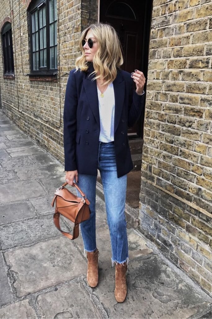 Navy Double-Breasted Blazer + White T-Shirt + Frayed Hem Blue Jeans + Tan Suede Ankle Boots