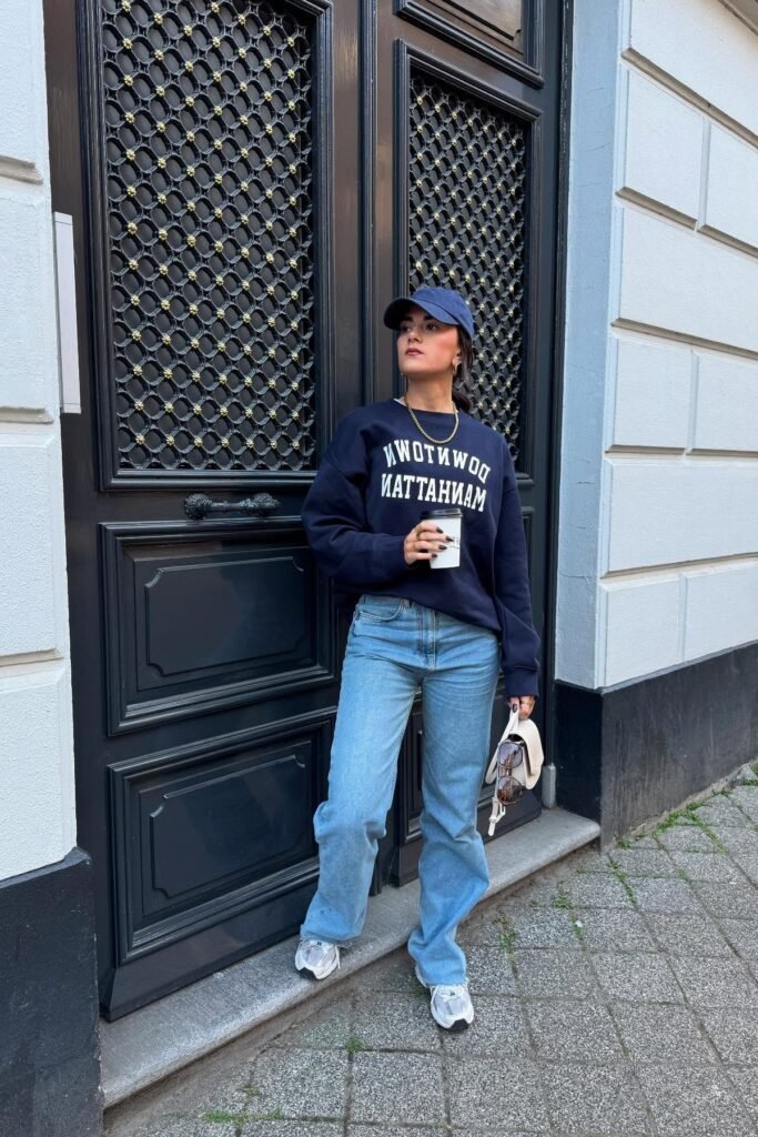 Navy "Downtown Manhattan" Crewneck Sweatshirt + Straight-Leg Light Wash Jeans + Grey Athletic Sneakers