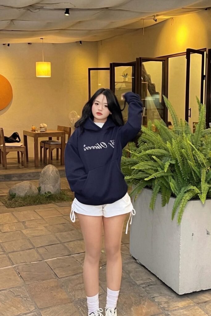Navy Graphic Hoodie + White Drawstring Shorts + White Crew Socks + White Sneakers