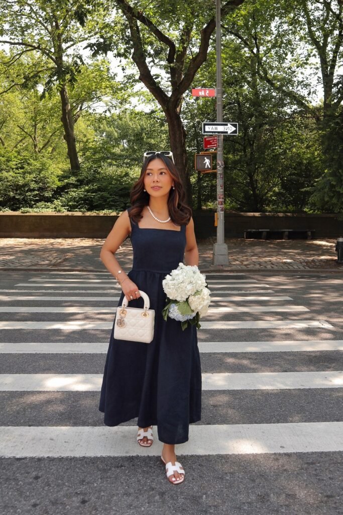 Navy Linen Midi Dress + White Quilted Handbag + White H-Strap Sandals