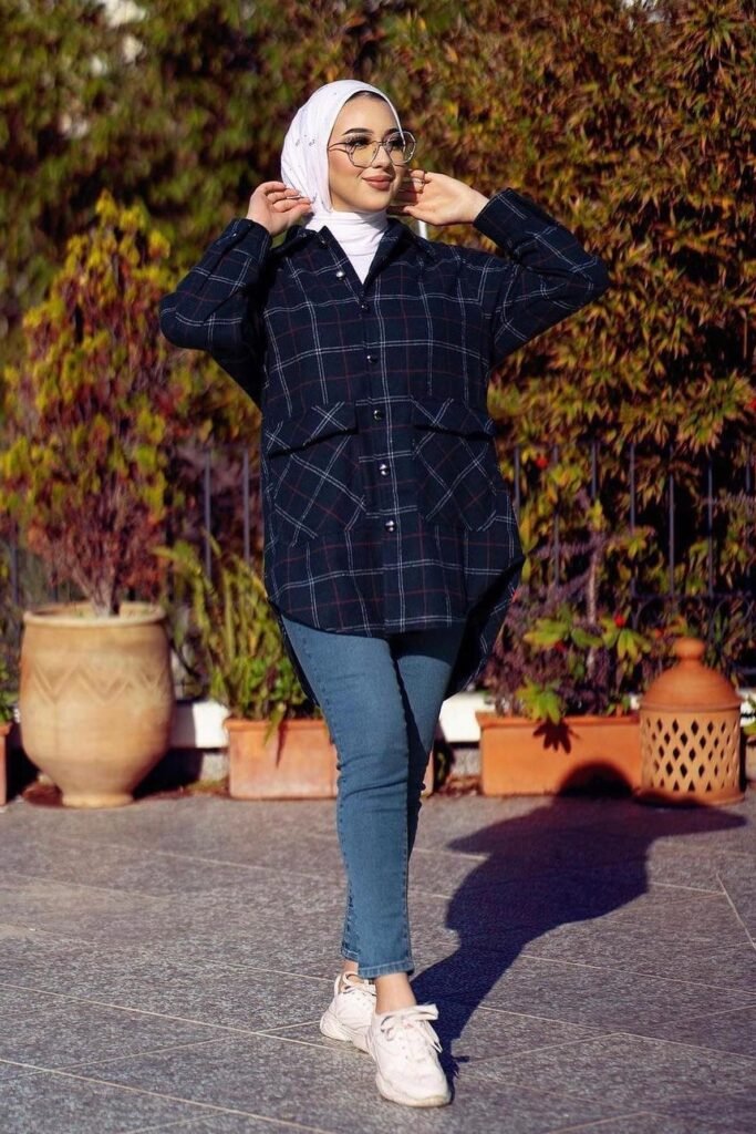 Navy Plaid Oversized Shirt + Medium Wash Skinny Jeans + White Hijab + White Sneakers