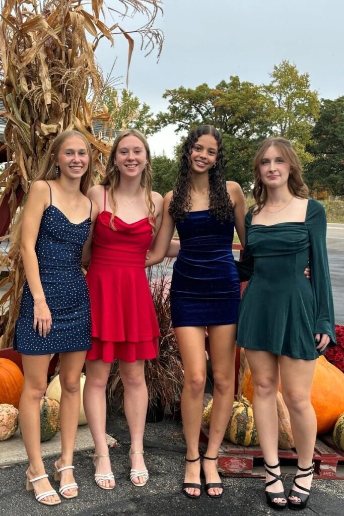 Navy Polka Dot Mini Dress / Red Layered Skater Dress / Royal Blue Velvet Bodycon / Dark Green Long-Sleeve Skater Dress + Strappy Heels