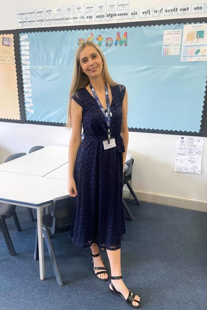 Navy Polka Dot V-Neck Midi Dress + Black Strappy Flat Sandals