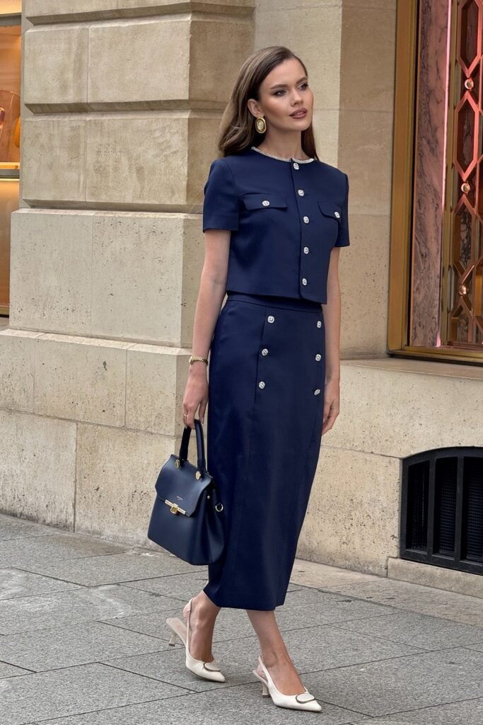 Navy Short-Sleeve Structured Top + Matching Navy Column Skirt + White Slingback Heels