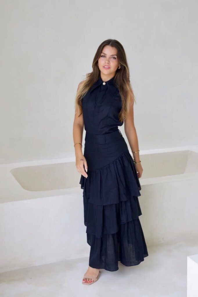 Navy Sleeveless Collared Shirt + Navy Asymmetrical Tiered Maxi Skirt + Nude Heeled Sandals