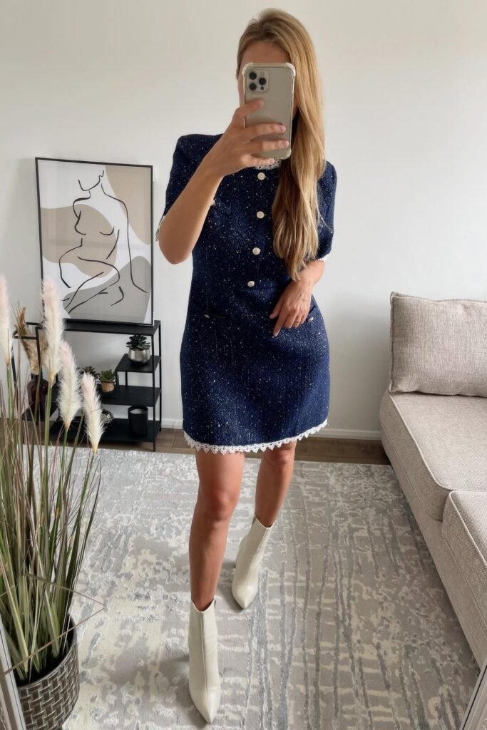 Navy Tweed Button-Down Mini Dress with Lace Trim + Cream Pointed-Toe Boots