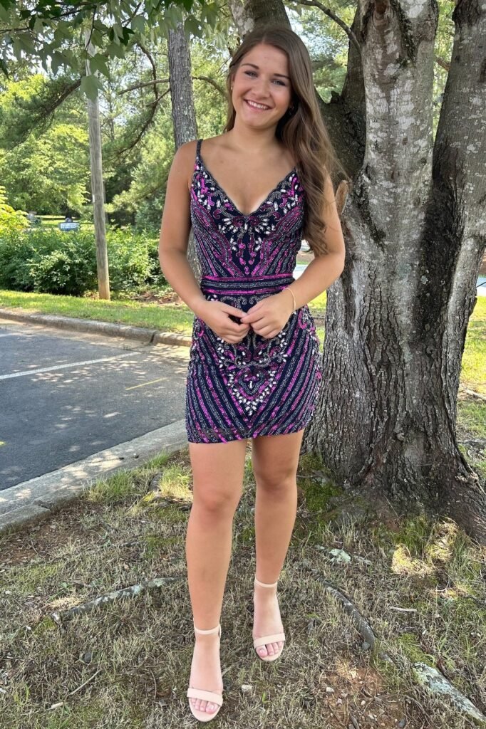 Navy and Pink Geometric Sequin Mini Dress + Nude Strappy Heels