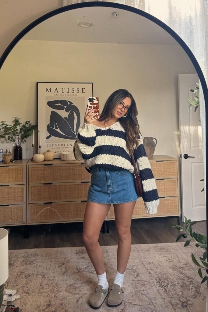 Navy and White Striped Oversized Sweater + Denim Mini Skirt + Grey Suede Clogs