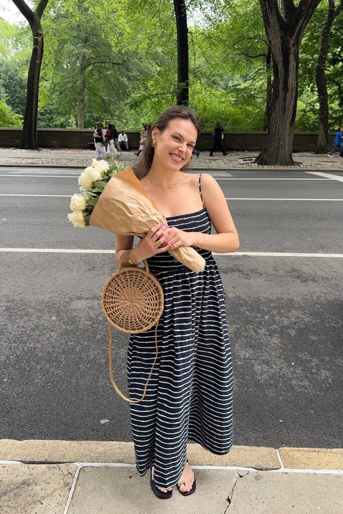 Navy and White Striped Smocked Midi Dress + Round Straw Bag + Black Thong Sandals