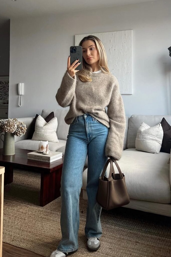 Oatmeal Crewneck Sweater + Light Wash Straight-Leg Jeans + White & Grey Sneakers