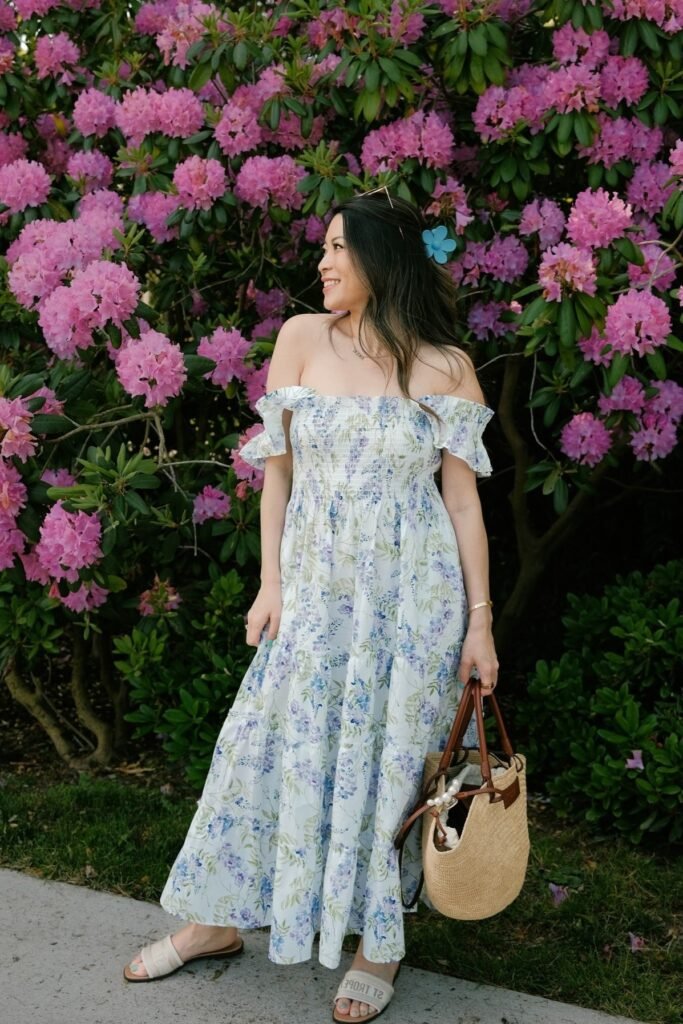 Off-Shoulder Smocked Floral Maxi Dress + Beige Slides + Straw Bucket Bag