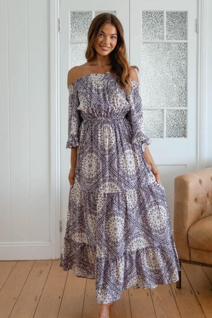 Off-The-Shoulder Blue and White Tile Print Maxi Dress + Smocked Waist + Ruffled Tiers
