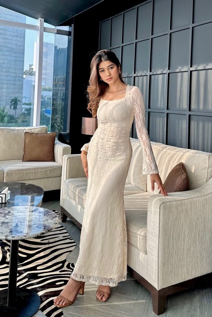 Off-White Lace Square-Neck Maxi Dress + Brown Strappy Heeled Sandals