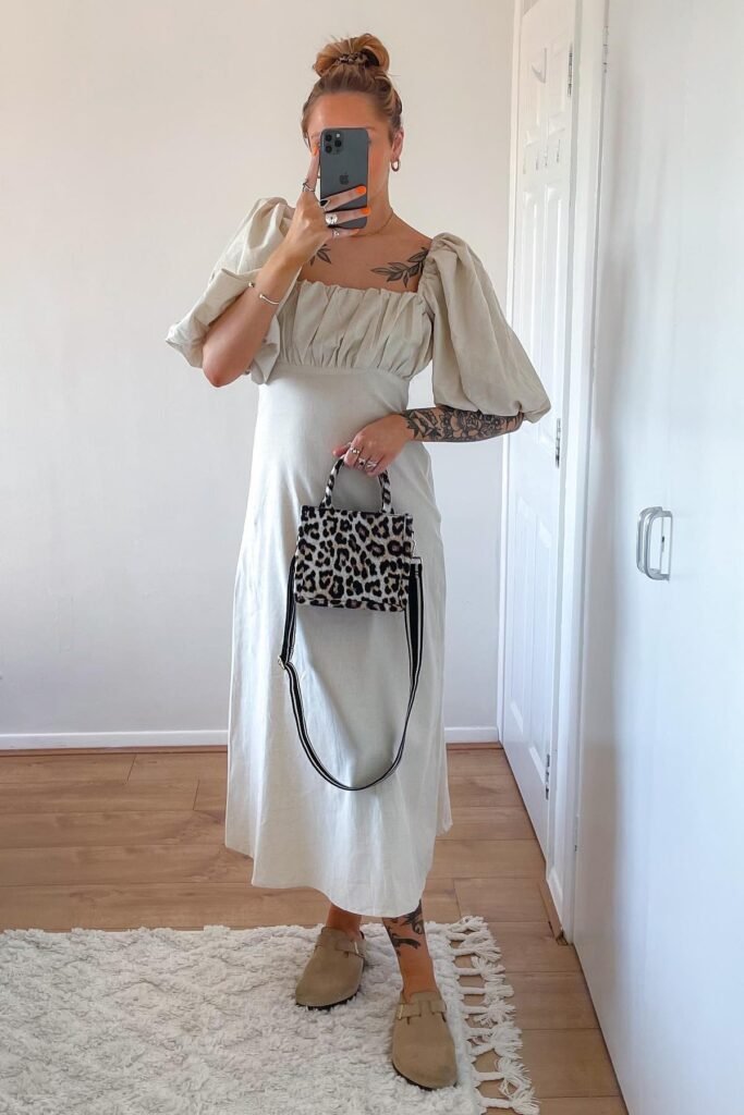 Off-White Puff-Sleeve Midi Dress + Leopard Print Handbag + Beige Suede Clogs